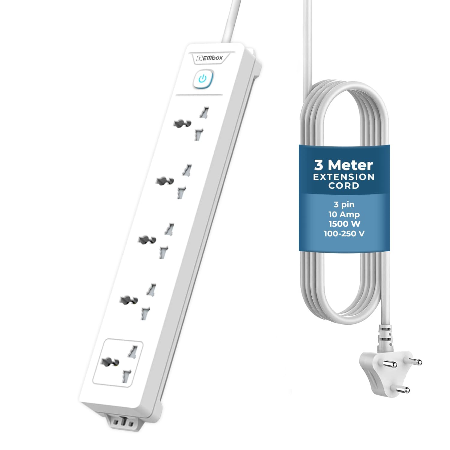 Extension Board with Switches 1500 W, 5 Universal Sockets, Master Switch,6 amp Spike Guard, LED Indicator and Safety Shutter, 2 Meter Extension Cord