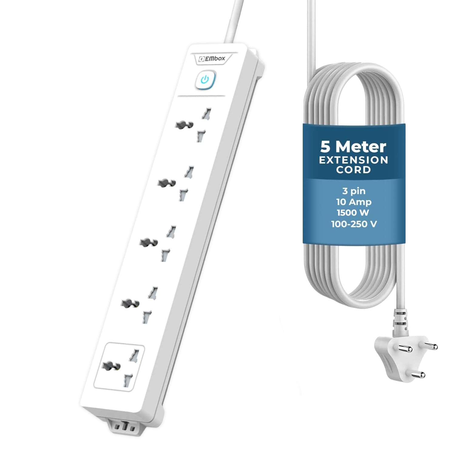 Extension Board with Switches 1500 W, 5 Universal Sockets, Master Switch,6 amp Spike Guard, LED Indicator and Safety Shutter, 2 Meter Extension Cord