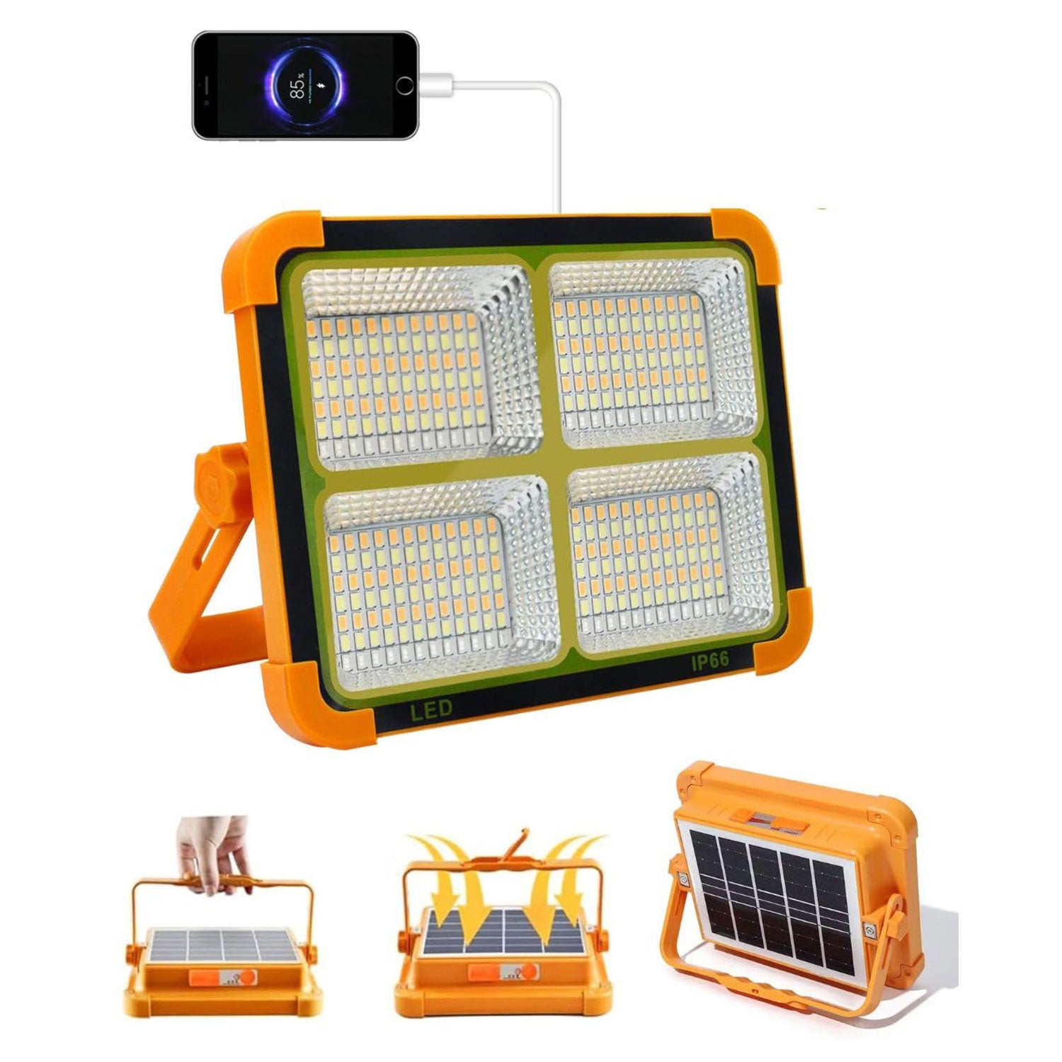 Solar LED Flood Light 100W|16500mAh Rechargeable Battery|10000LM Brightness 288 LED USB & Solar Charging| 5 Lighting Modes Portable Metal Camping Lamp for Garage Farm Fishing & Emergency