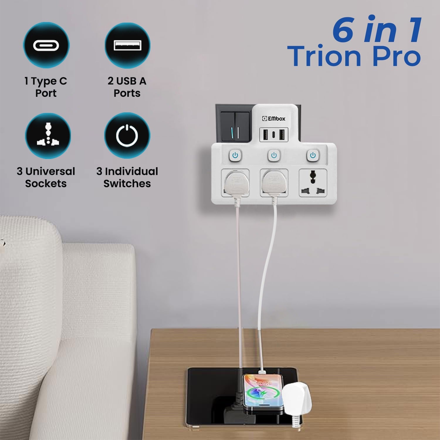 EMBOX 2500W 3-Socket Multi Plug Adapter with USB Type-C Charging and Individual Switches for Home, Office and Everyday Device Charging