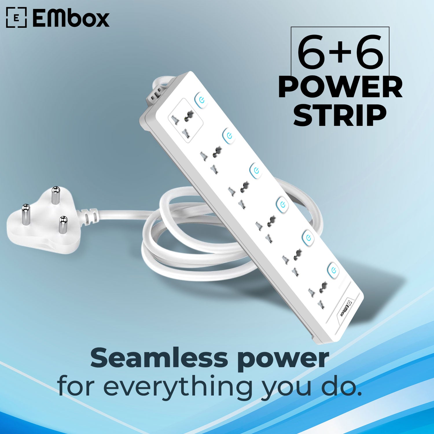 Extension Board with Switches 1500 W, 6 Universal Sockets, Individual Switch, Safety Shutter, 6 amp Spike Guard, LED Indicator and Safety Shutter, 2 Meter Extension Cord