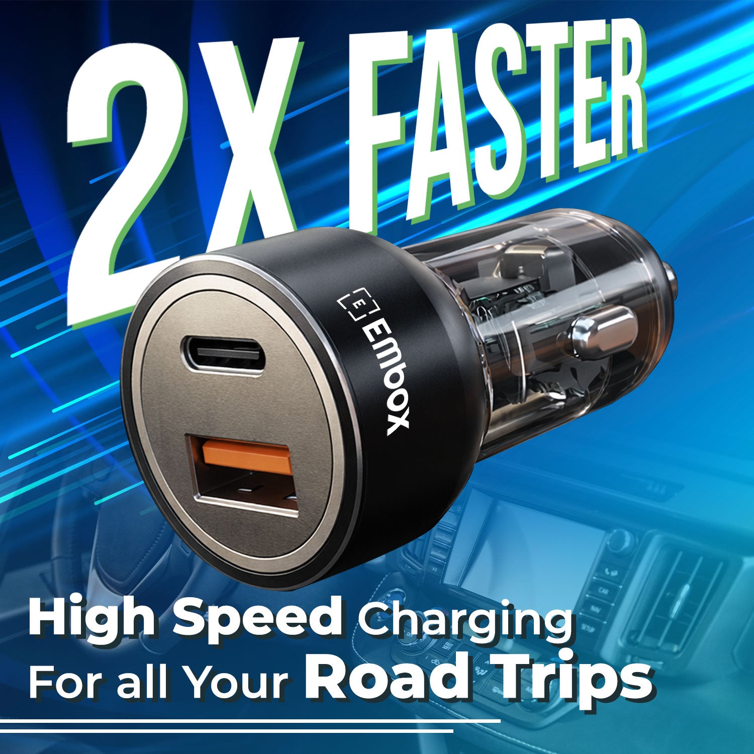 55W Dual Output Car Charger Type-C &A Fast Charging USB, LED Indicator, Charging Adapter Compatible with Cars for iPhone & Android Smartphone, Smartwatch, Earbud, Power Bank
