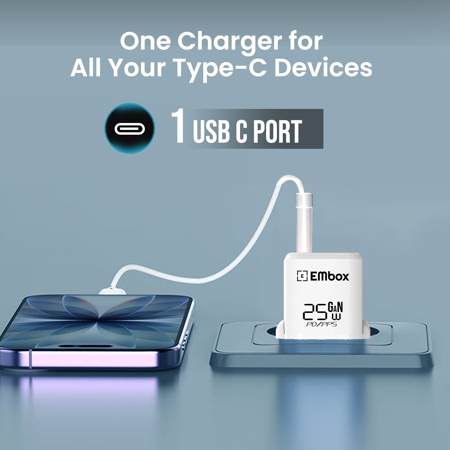 EMBOX 25W GaN Fast Charger USB Type C PD/PPS | 3X Super Fast Charging Adapter for iPhone 15/14/13, Samsung S23/S22, Android Phones, Tablets | Compact Mini Travel Charger
