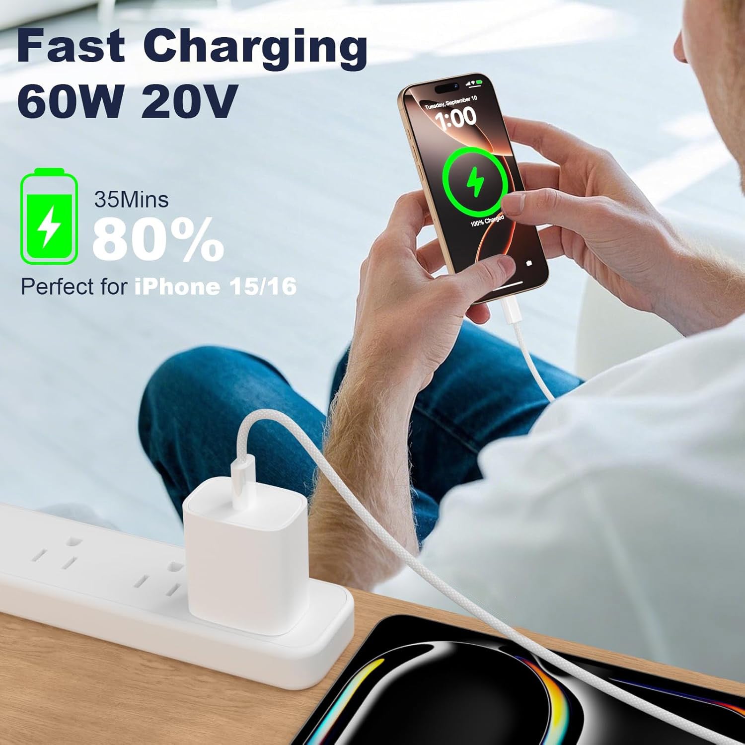 EMBOX 25W USB-C Fast Charger with 1M Type-C to Type-C Fast Charging Cable Braided | USB C PD Charger Adapter | Type C Data Sync Cable for Mobile, Tablet & Laptop | Over-Current, Short Circuit Protection