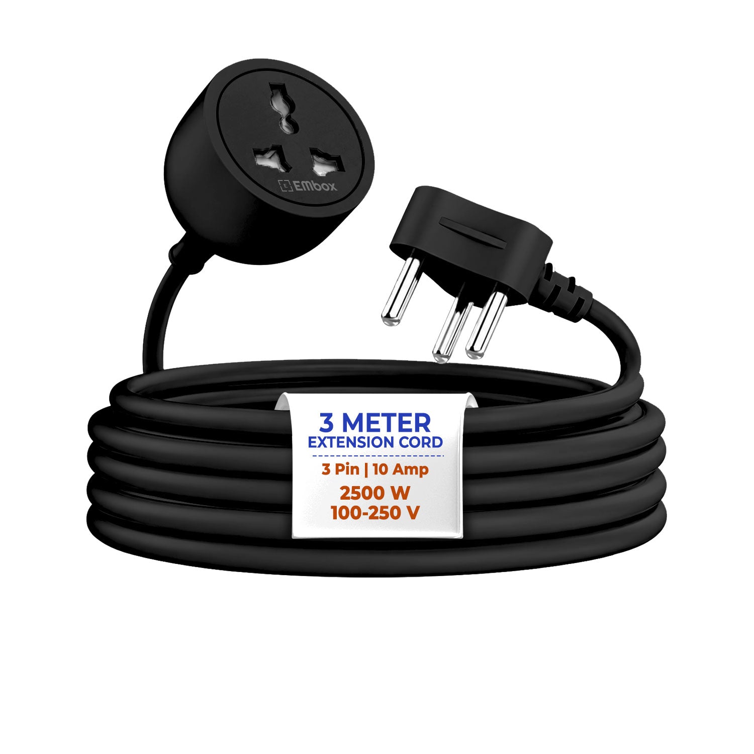 EMBOX 10A Single Socket Extension Board – 2500W Power Extension Cord with 3-Pin Plug for Home, Office and Everyday Electrical Use (Black)