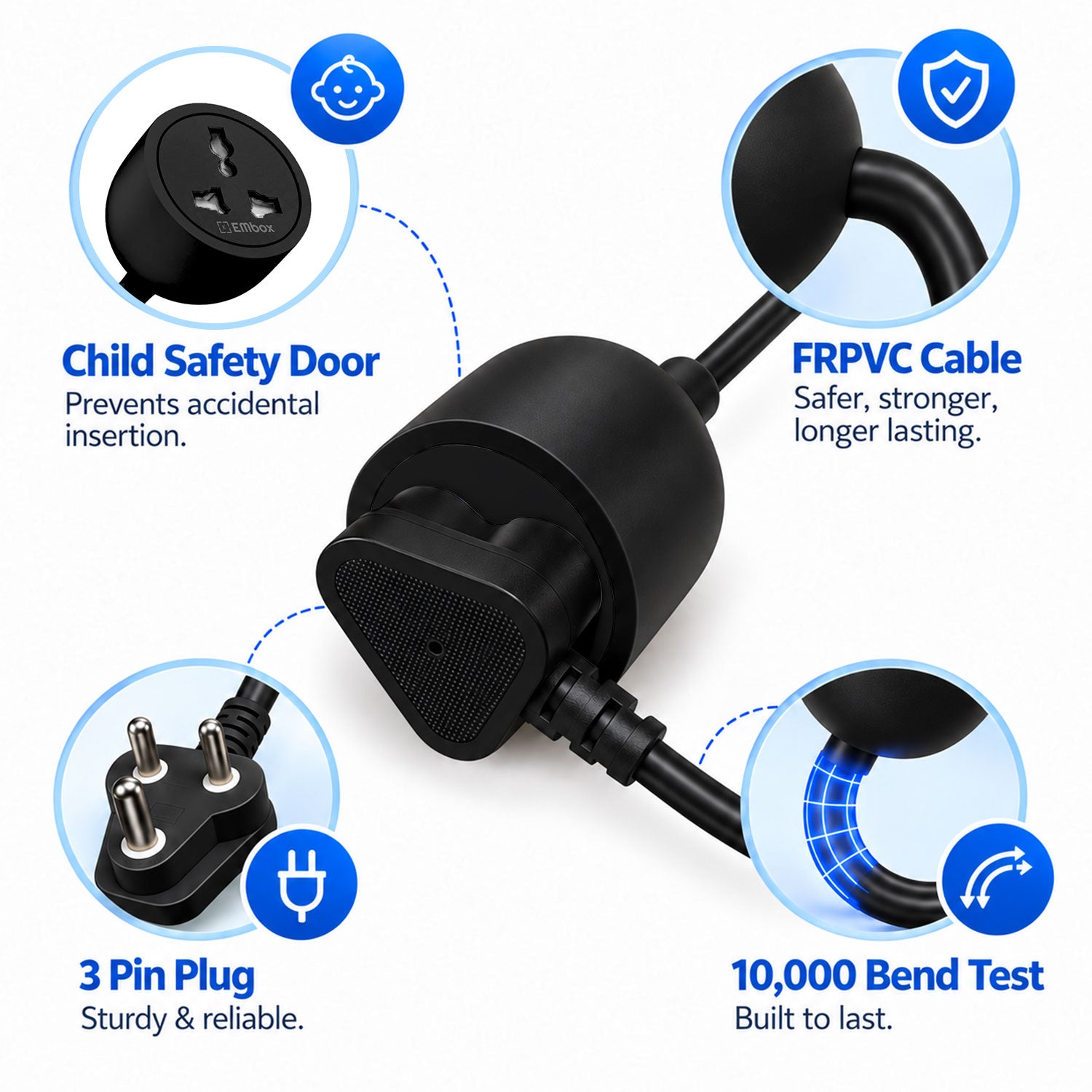 EMBOX 10A Single Socket Extension Board – 2500W Power Extension Cord with 3-Pin Plug for Home, Office and Everyday Electrical Use (Black)