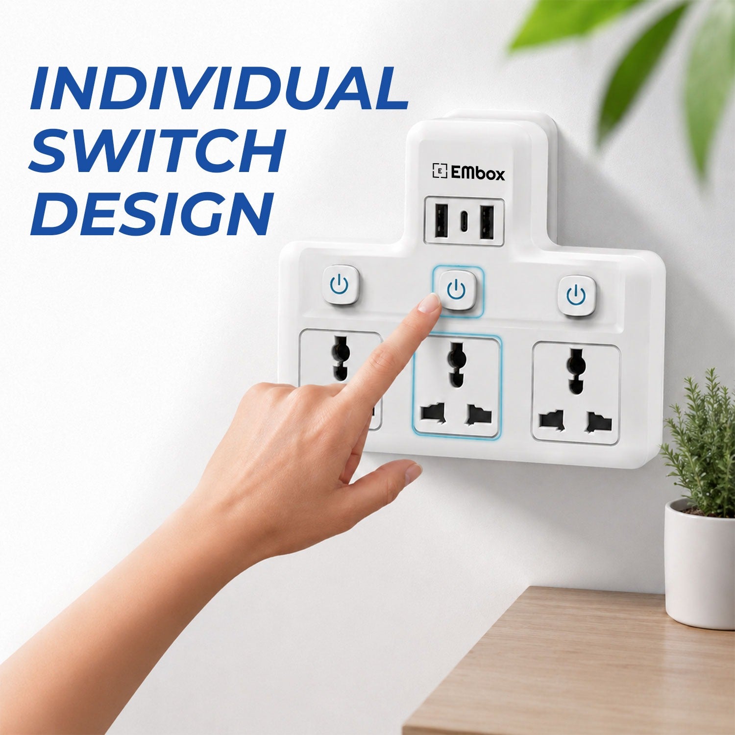 EMBOX 2500W 3-Socket Multi Plug Adapter with USB Type-C Charging and Individual Switches for Home, Office and Everyday Device Charging