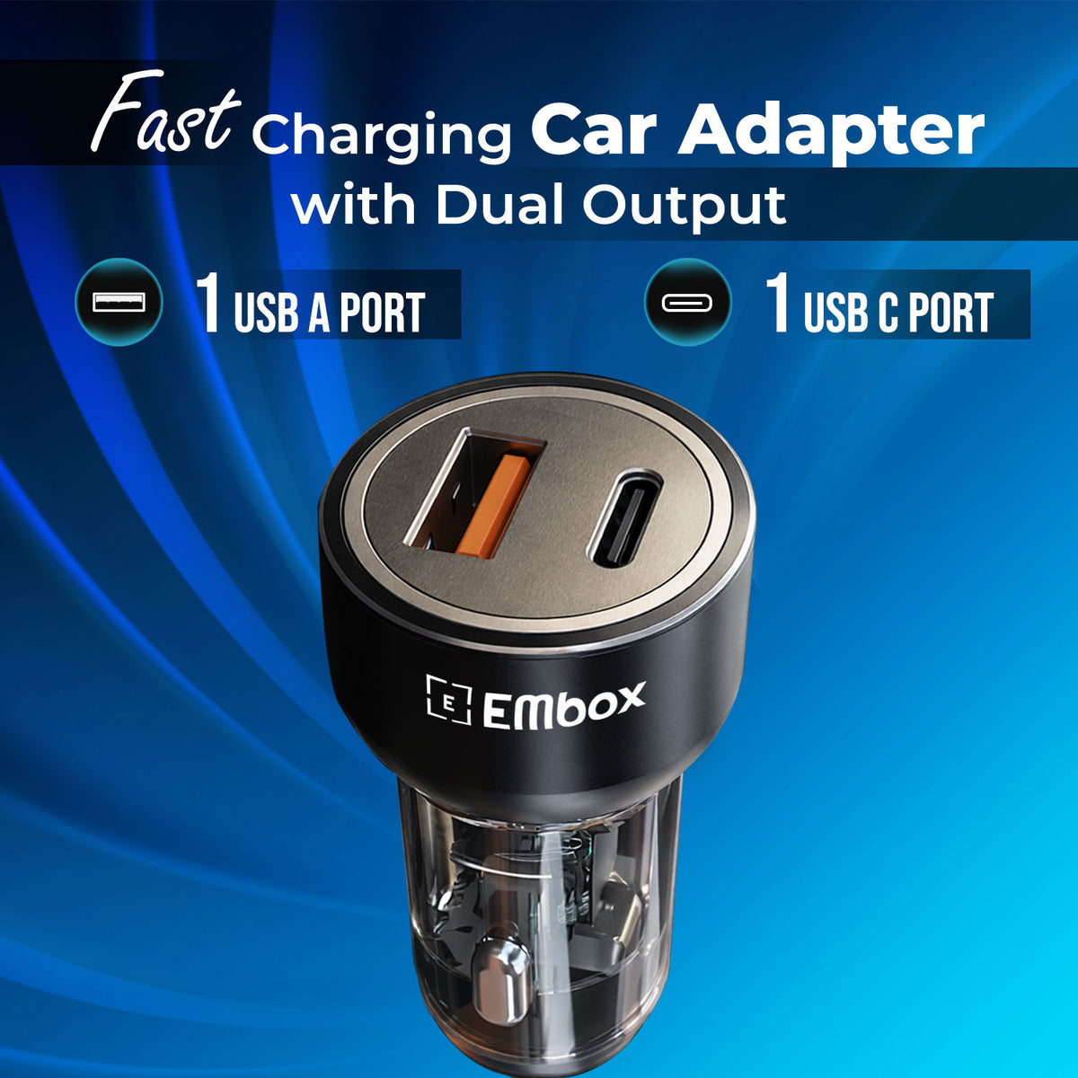 55W Dual Output Car Charger Type-C &A Fast Charging USB, LED Indicator