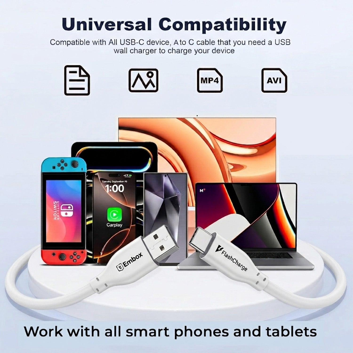 Embox 1 Meter USB Type-A to Type-C Cable | 44W Flash Charge Fast Charging Cable for Vivo V25, V27, V29, X60, X70, X80, Y100, Y200 Series
