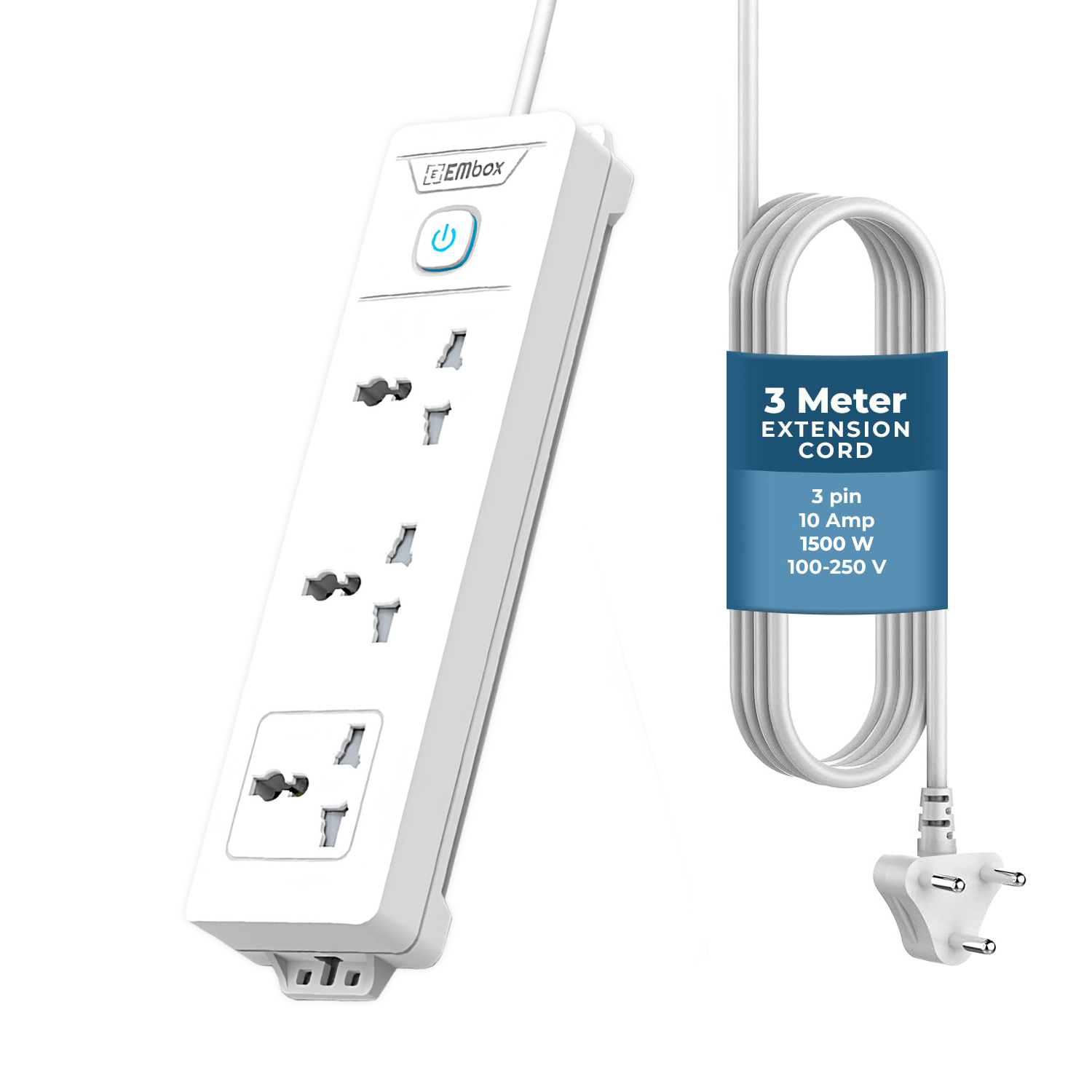 EMBOX Extension Board with Switches 1500 W, 3 Universal Sockets, Master Switch,6 amp Spike Guard, LED Indicator and Safety Shutter