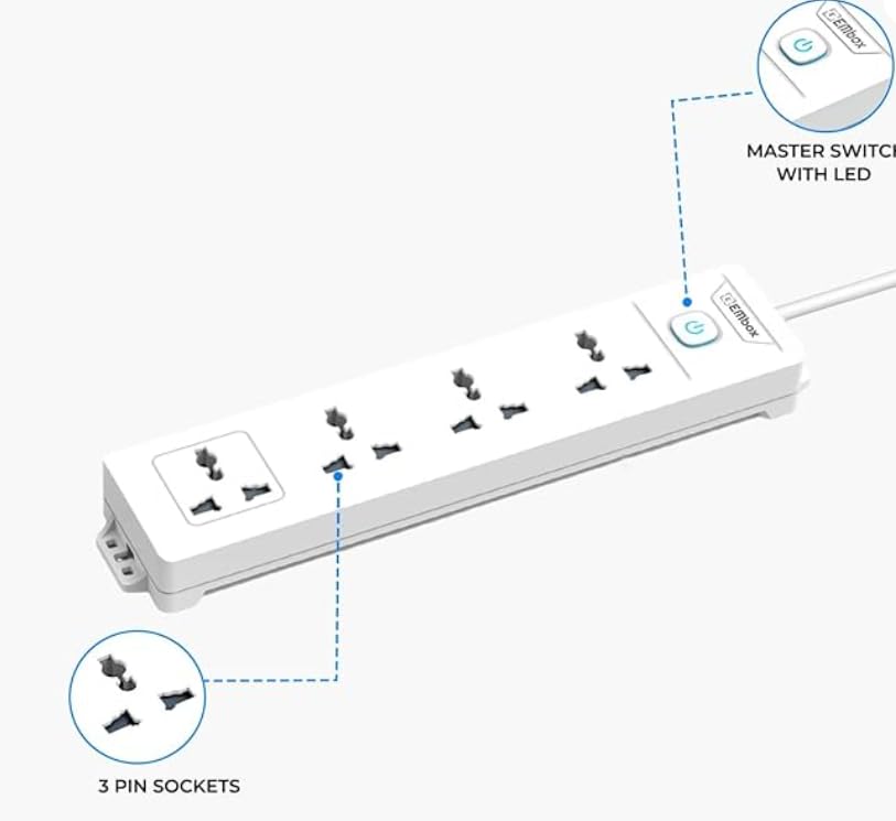 Extension Board 5 Meter Cable with Switches | 1500 W Extension Cord 4 Universal Sockets