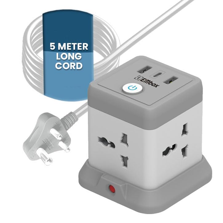 EMBOX Cube Extension Board with USB Type C (2.4 A) (QC 3.0) | 2500W Extension Board with Switches | Extension Cord with Universal Sockets Safety Shutter & Overload Protector, 2 Meter999