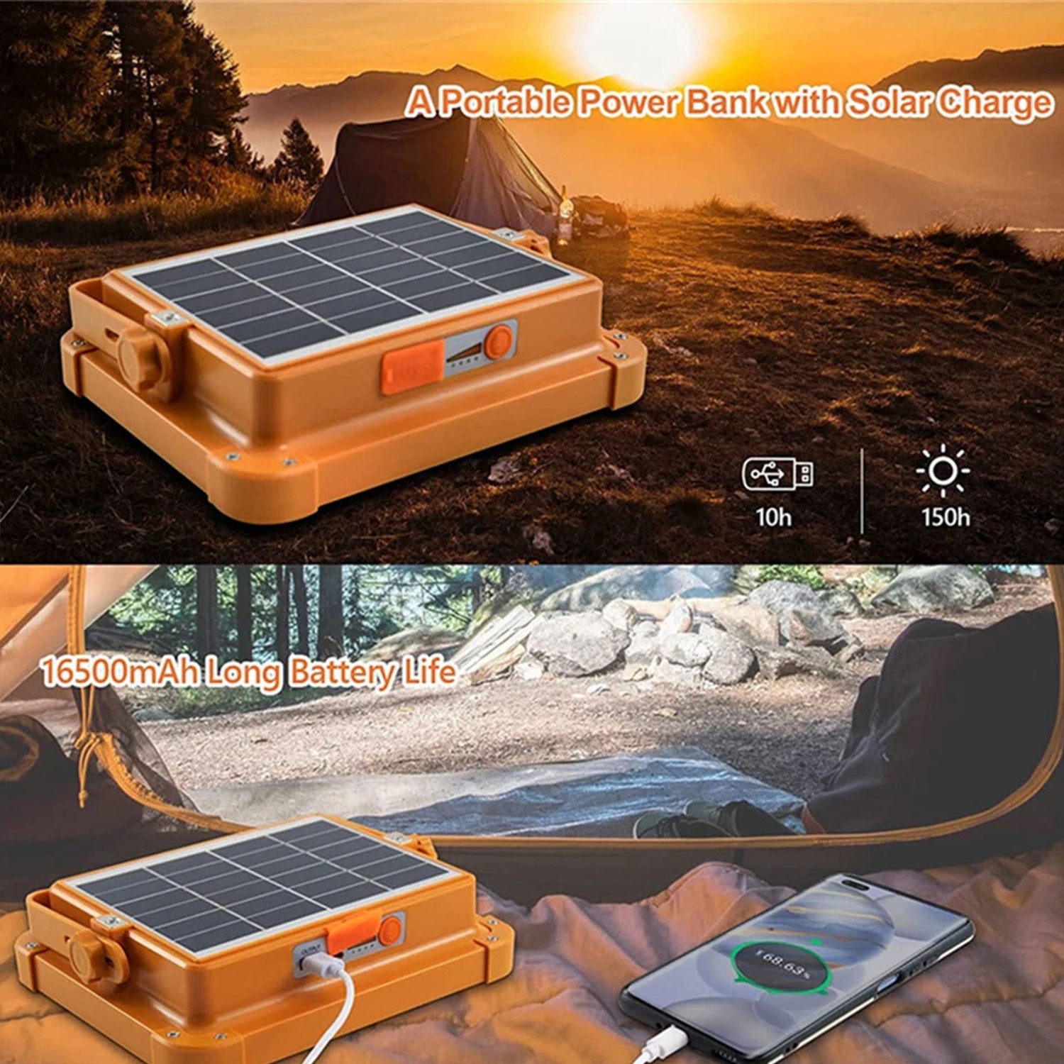 Solar LED Flood Light 100W|16500mAh Rechargeable Battery|10000LM Brightness 288 LED USB & Solar Charging| 5 Lighting Modes Portable Metal Camping Lamp for Garage Farm Fishing & Emergency