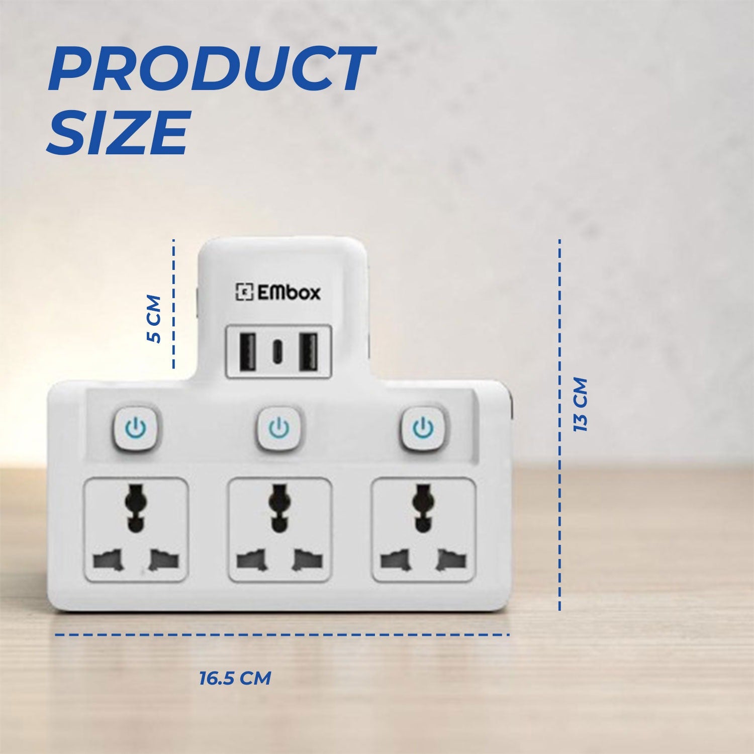 EMBOX 2500W 3-Socket Multi Plug Adapter with USB Type-C Charging and Individual Switches for Home, Office and Everyday Device Charging