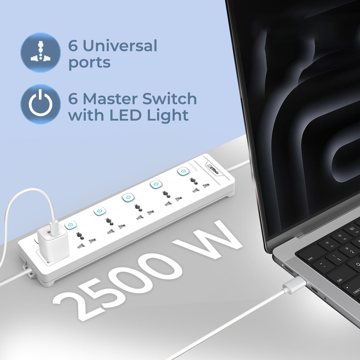 Extension Board with Switches 1500 W, 6 Universal Sockets, Individual Switch, Safety Shutter, 6 amp Spike Guard, LED Indicator and Safety Shutter, 2 Meter Extension Cord