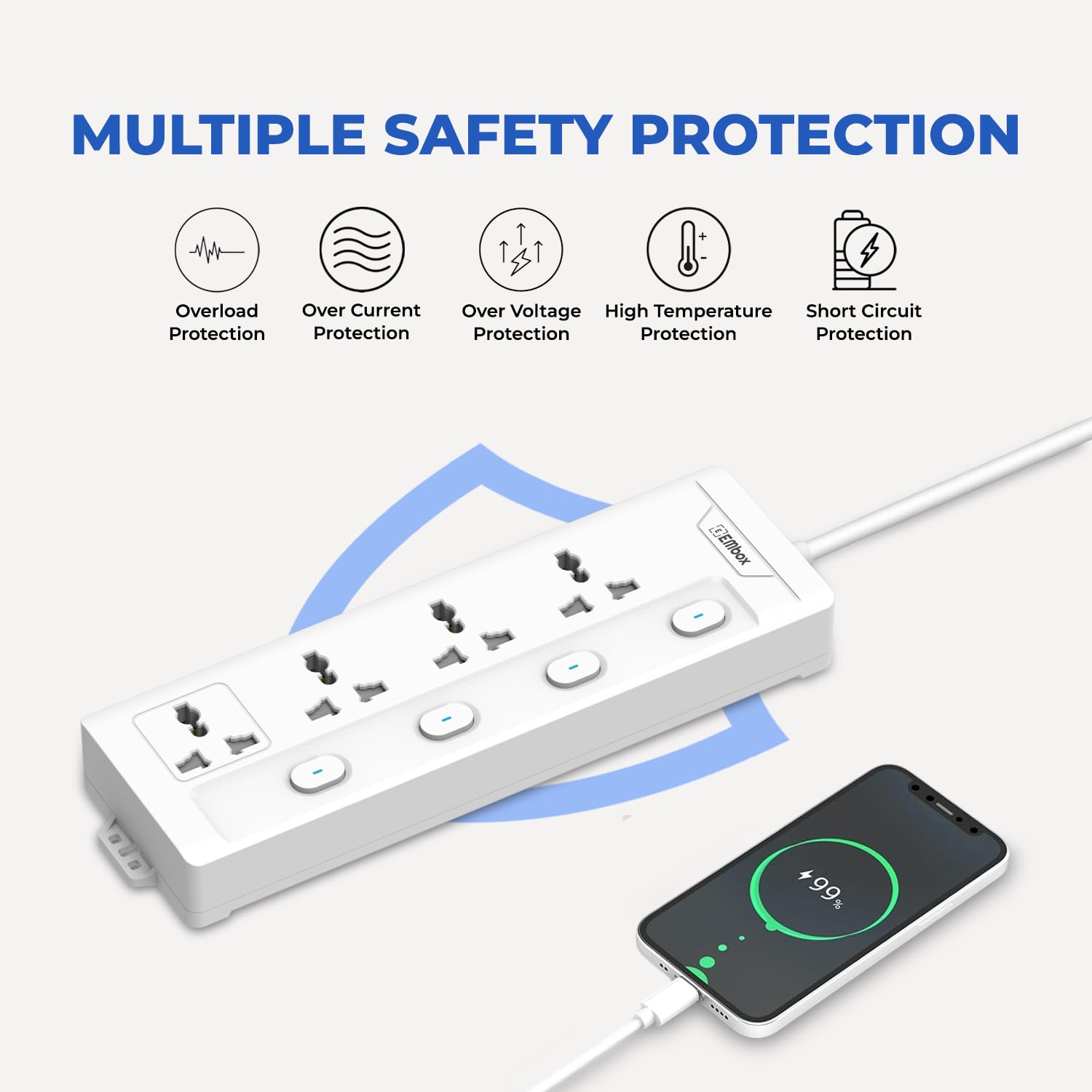 Extension Board with Switches 1500W, 4 Universal Sockets, Individual Switch, Safety Shutter, 6 amp Spike Guard, LED Indicator and Safety Shutter, 2 Meter Extension Cord