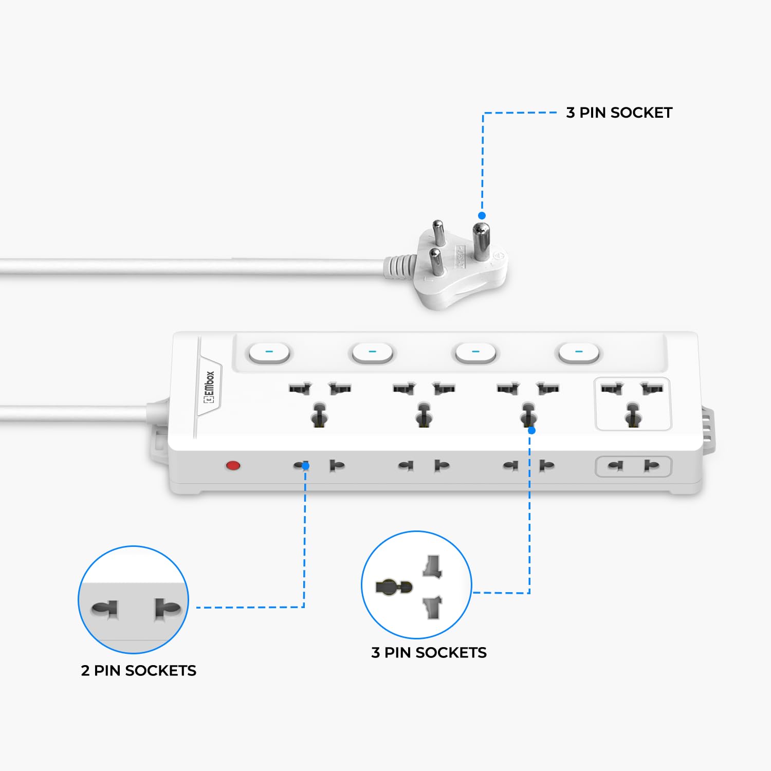 Extension Board with Switches 1500W, 4 Universal Sockets, Individual Switch, Safety Shutter, 6 amp Spike Guard, LED Indicator and Safety Shutter, 2 Meter Extension Cord