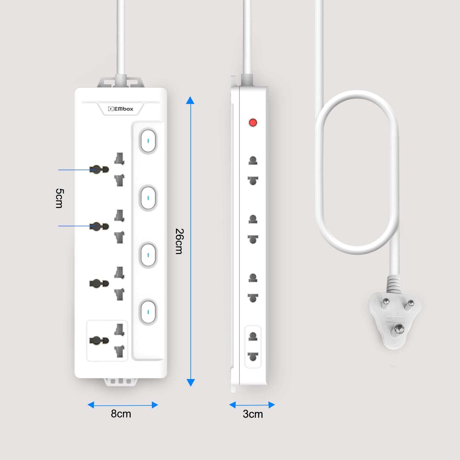 Extension Board with Switches 1500W, 4 Universal Sockets, Individual Switch, Safety Shutter, 6 amp Spike Guard, LED Indicator and Safety Shutter, 2 Meter Extension Cord