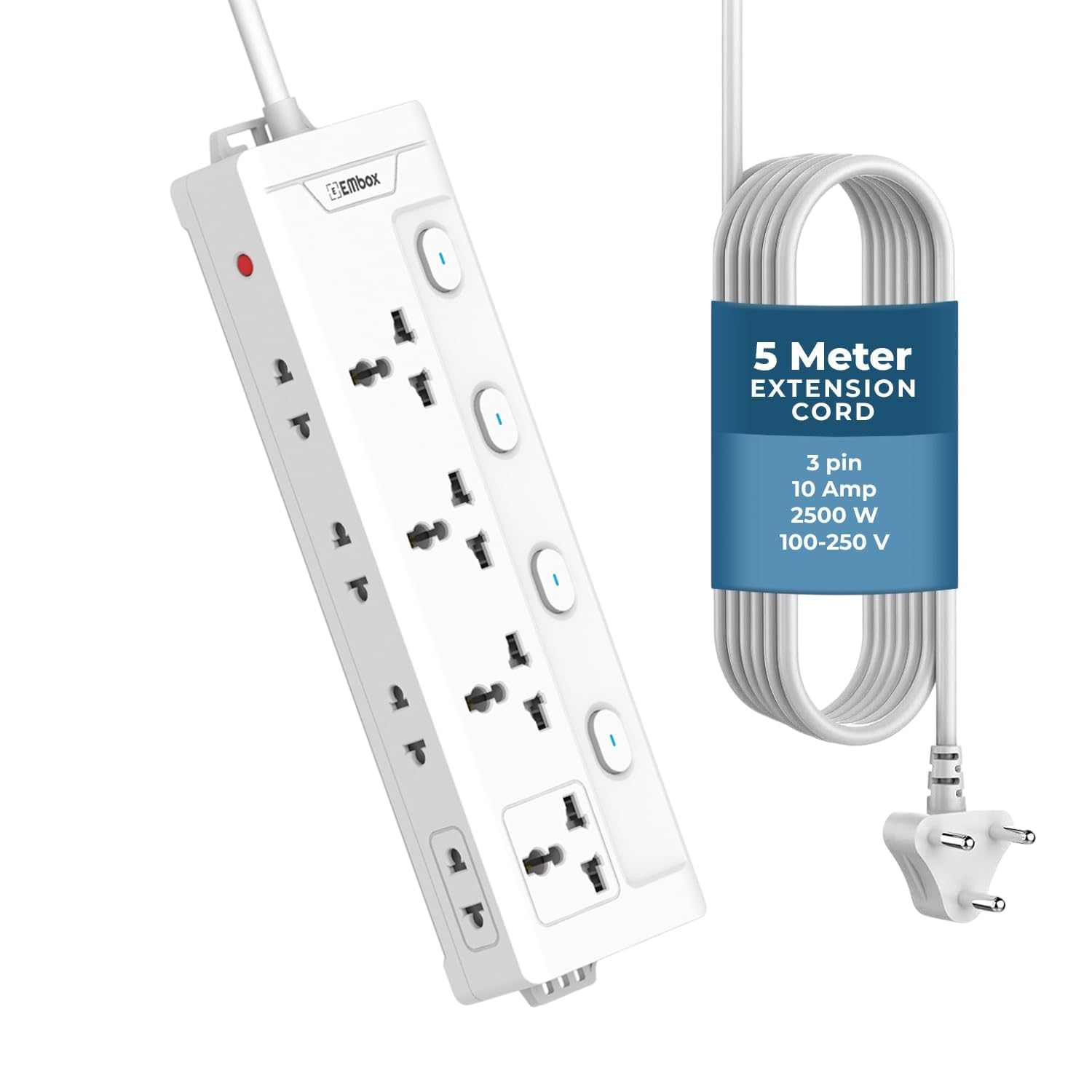Extension Board with Switches 1500W, 4 Universal Sockets, Individual Switch, Safety Shutter, 6 amp Spike Guard, LED Indicator and Safety Shutter, 2 Meter Extension Cord