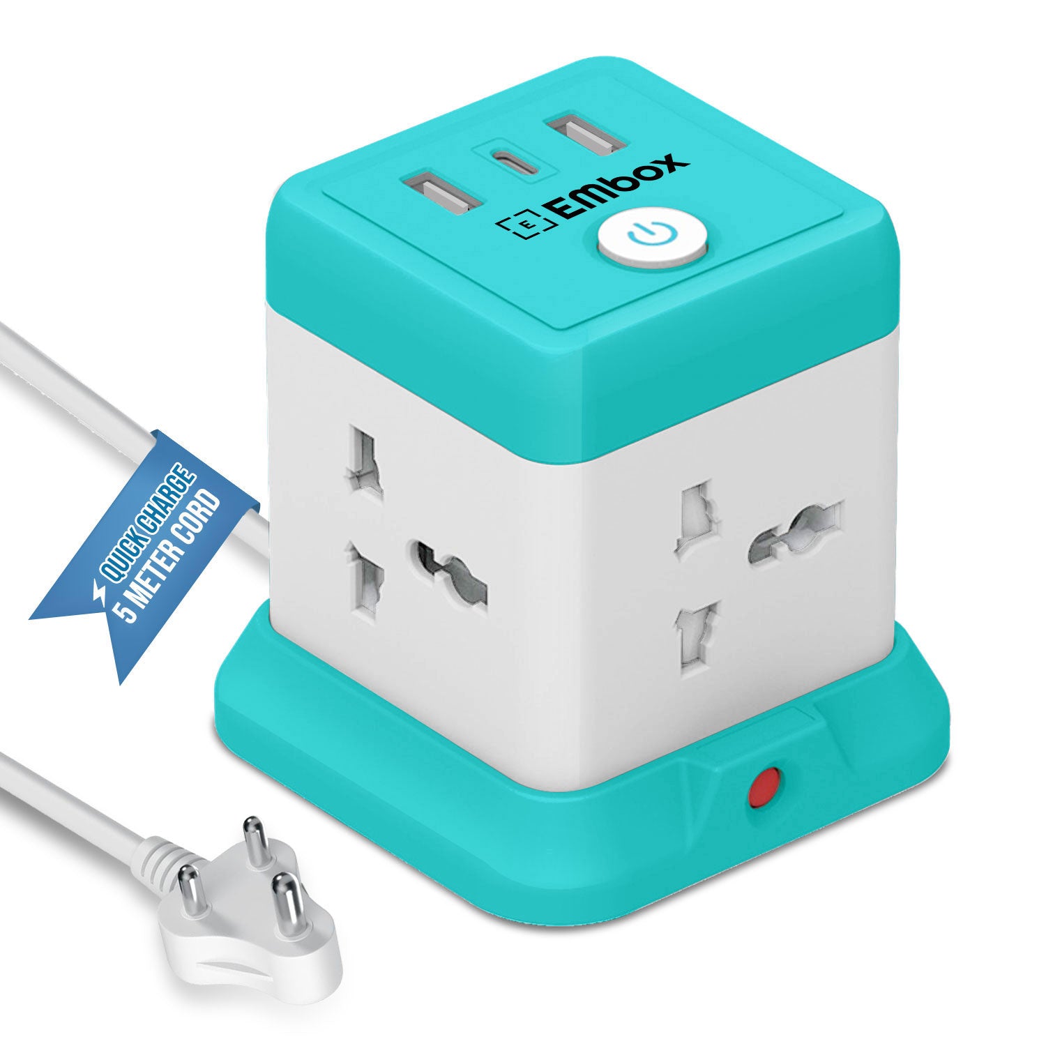 Cube Extension Board 5 Meter Cable Type C USB | (2.4 A) (QC 3.0) Universal Sockets 2500W Extension Board with Switches Safety Shutter & Overload Protector - White-Green