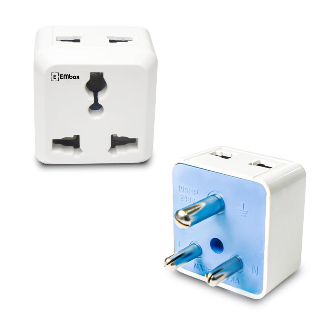 Embox 2 Pin Multi Plug Socket Type D Universal Adapter Compatible with US, UK, China Compact Plug Extension Socket and Converter for Computer Laptop Phone Camera, 6A Pack of 4