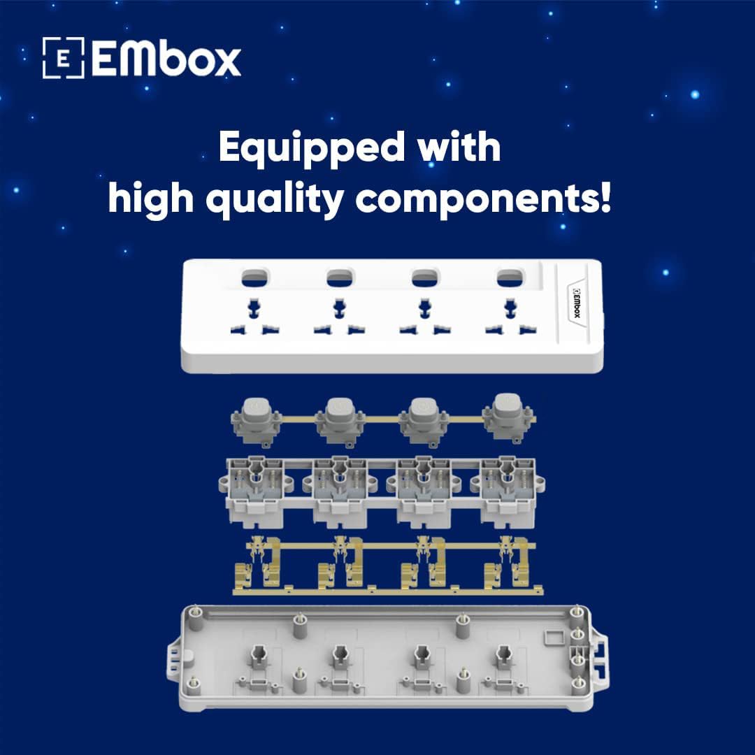 EMBOX Extension Board with Switches 1500 W, 4 Universal Sockets, Individual Switch, Safety Shutter, 6 amp Spike Guard, LED Indicator and Safety Shutter (4 Socket- 2 Meter)