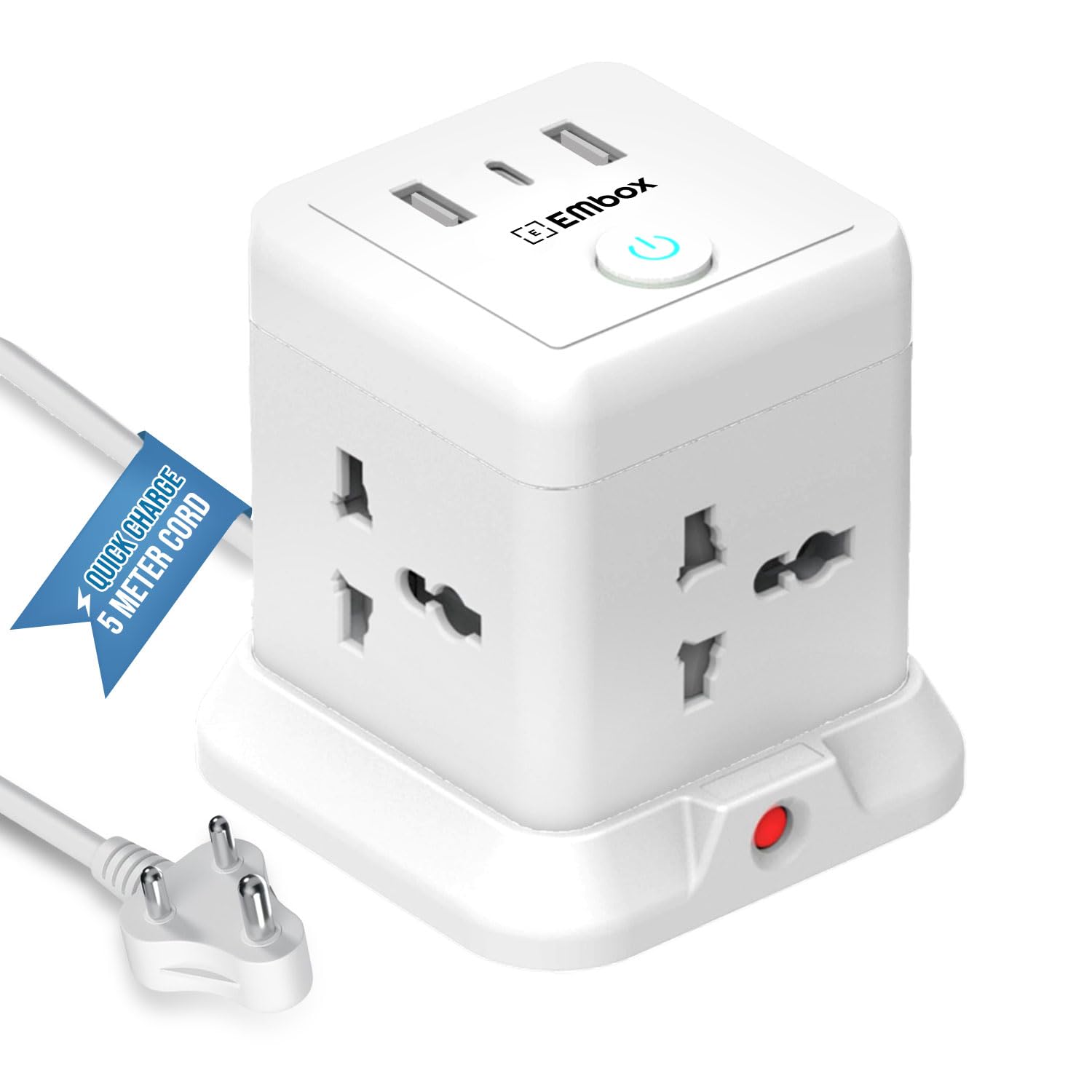 Cube Extension Board with USB Type C (2.4 A) (QC 3.0) | 2500W Extension Board with Switches | Extension Cord with Universal Sockets Safety Shutter & Overload Protector
