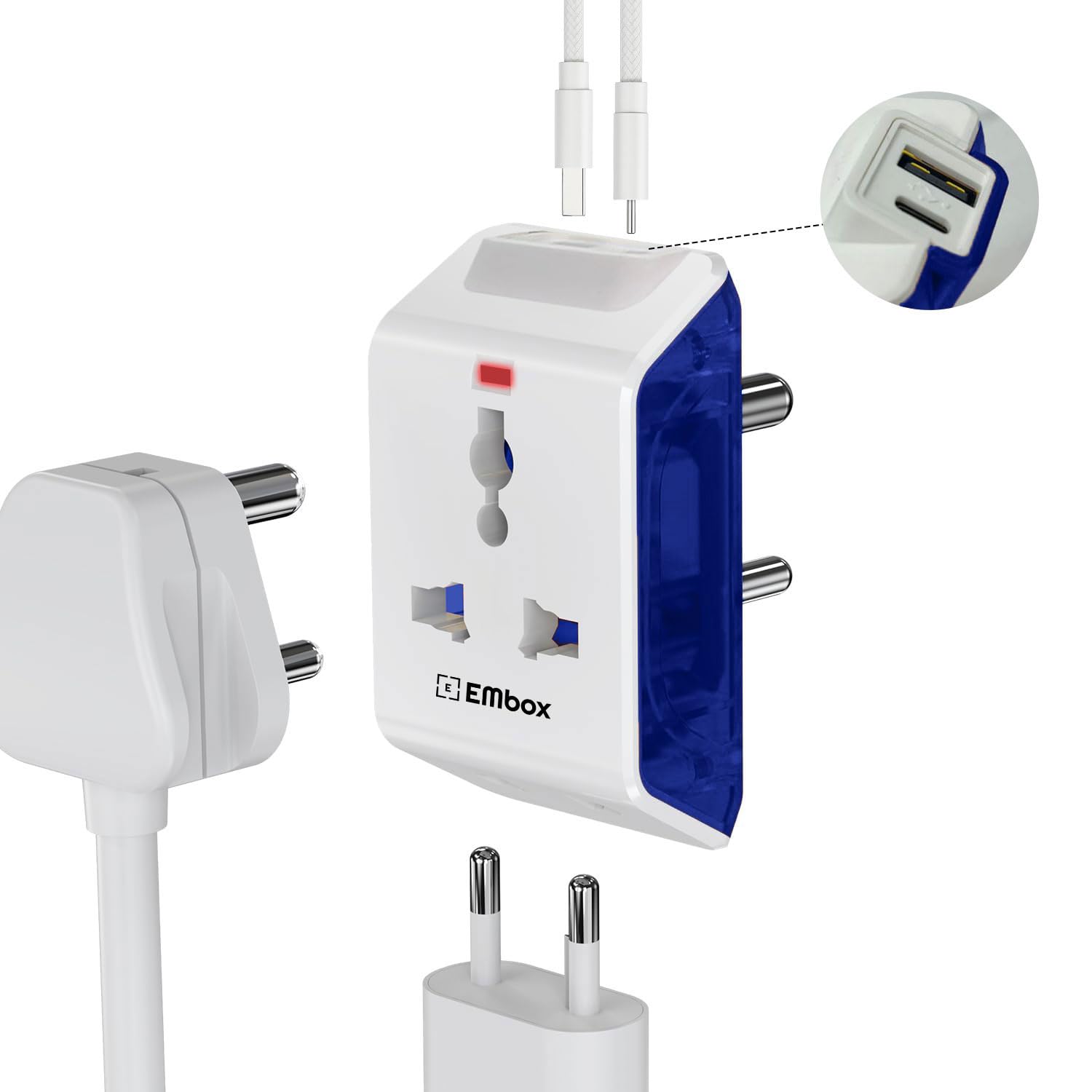 Embox Multi Plug Adapter with USB Ports | Universal 2-Pin Plug Socket | Multi USB Charger Adapter A & Type-C | Compact Fast Charging Power Adapter Plug (Blue)