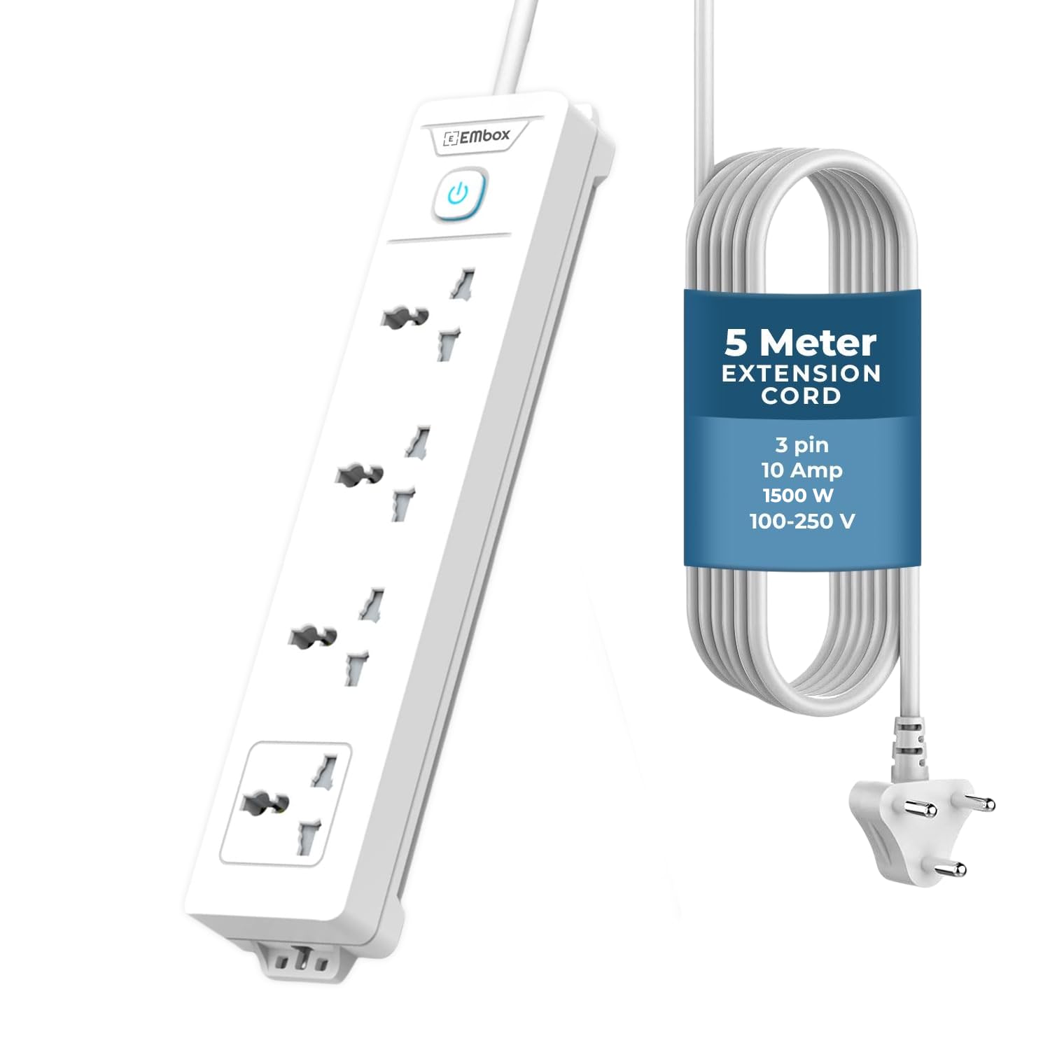Extension Board with Switches 1500 W, 4 Universal Sockets, Master Switch,6 amp Spike Guard, LED Indicator and Safety Shutter, 2 Meter Extension Cord