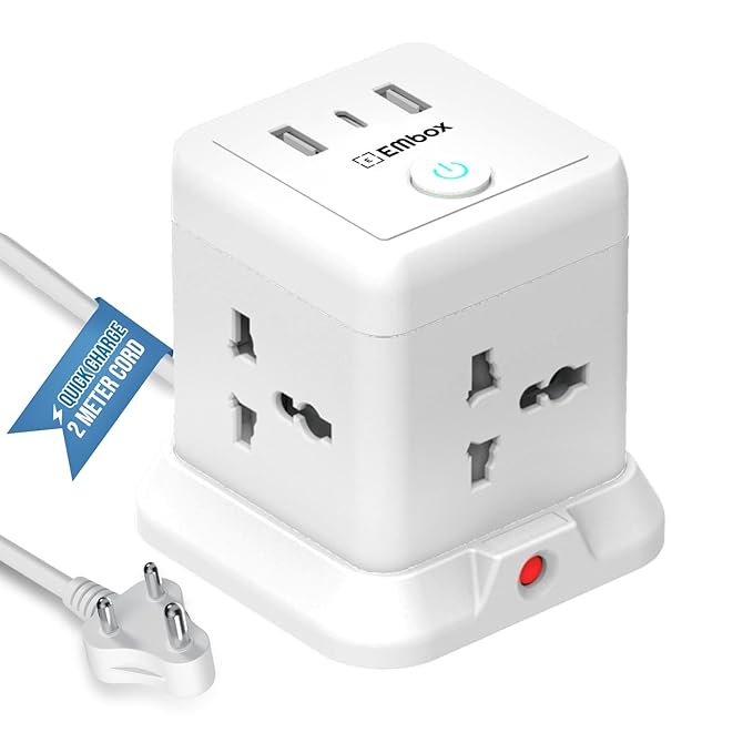 Cube Extension Board with USB Type C (2.4 A) (QC 3.0) | 2500W Extension Board with Switches | Extension Cord with Universal Sockets Safety Shutter & Overload Protector