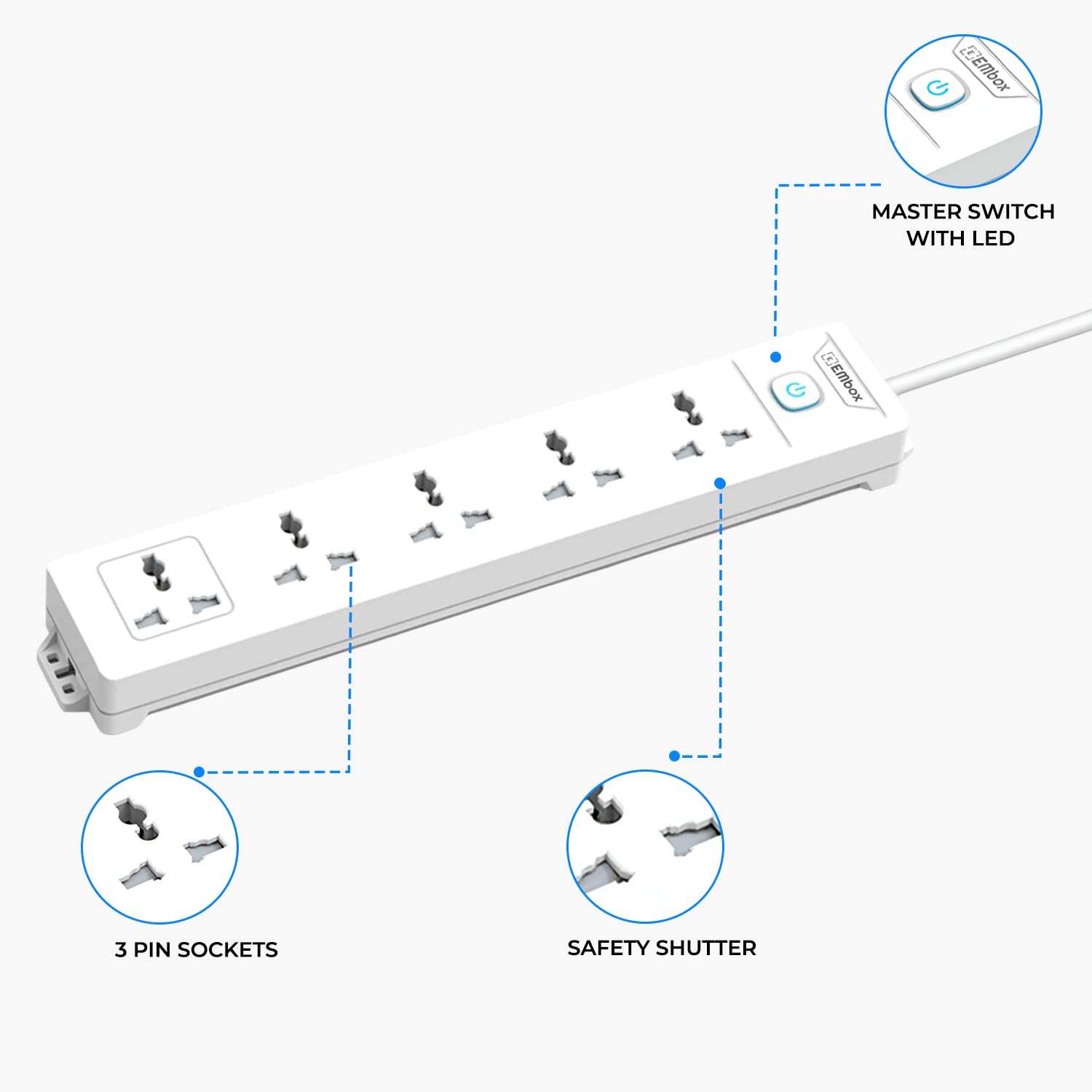 Extension Board with Switches 1500 W, 5 Universal Sockets, Master Switch,6 amp Spike Guard, LED Indicator and Safety Shutter, 2 Meter Extension Cord