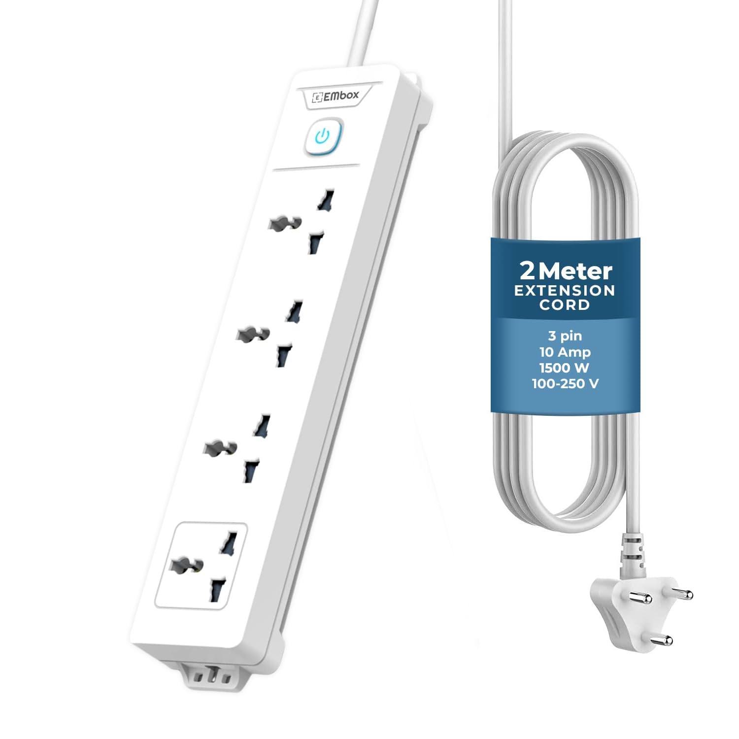 Extension Board with Switches 1500 W, 4 Universal Sockets, Master Switch,6 amp Spike Guard, LED Indicator and Safety Shutter, 2 Meter Extension Cord