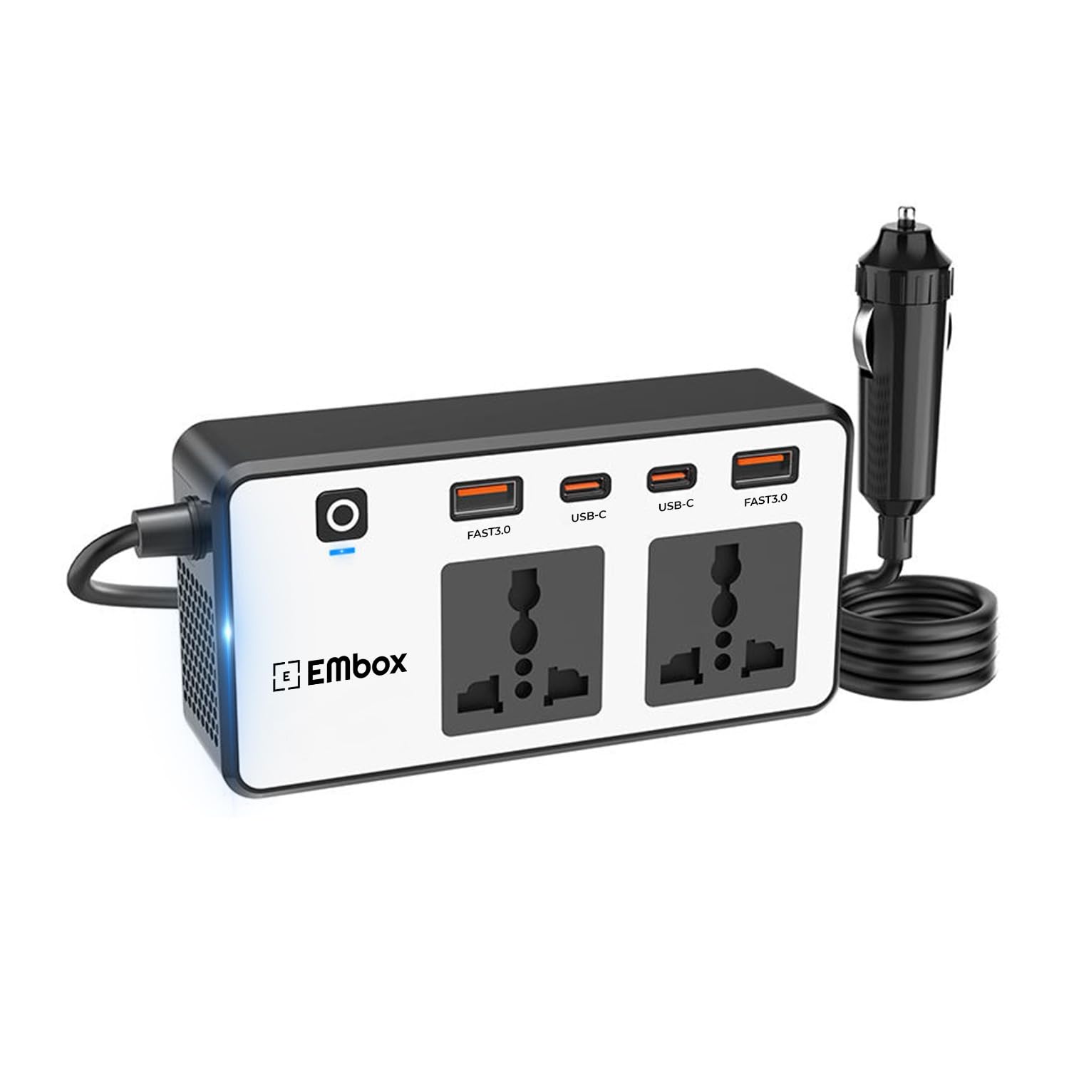 Embox 200W Car Power Inverter AC Universal Outlet Car Laptop Charger with 2 USB (6.2A) & 1 C Type(27W PD) Smart USB Ports 12V DC to 220V AC Mini Inverter with Digital Display Cooling Fan On/Off Button