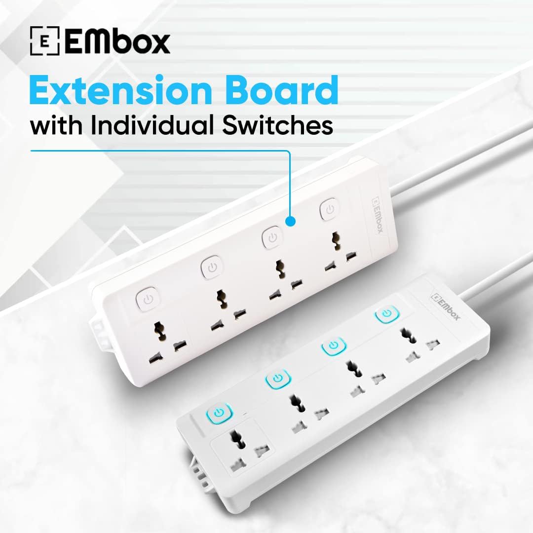 EMBOX Extension Board with Switches 1500 W, 4 Universal Sockets, Individual Switch, Safety Shutter, 6 amp Spike Guard, LED Indicator and Safety Shutter (4 Socket- 2 Meter)