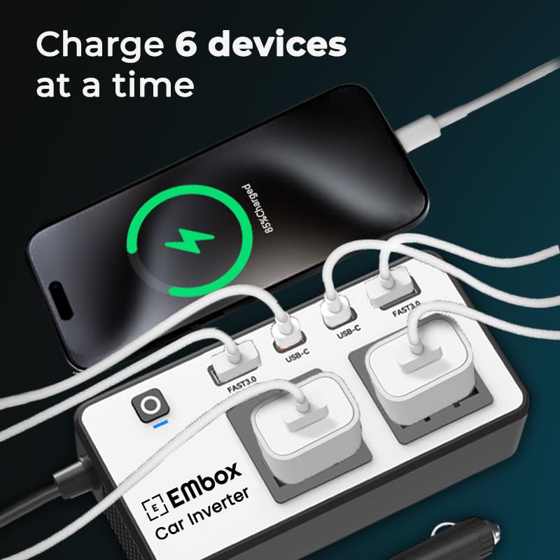 mbox 200W Car Power Inverter Laptop Charger with 2 USB (6.2A Max) & 2 C-Type (1 * 27WPD) Smart USB Ports, 2 AC Universal Outlets and 12V DC to 220V AC with QC3.0, White