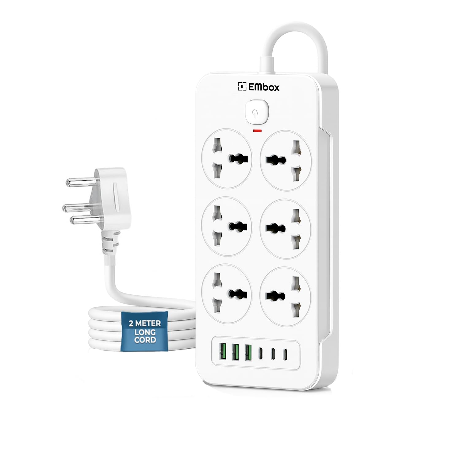 Extension Board with USB (2.4 A) 6 USB Ports 4 Type A and 2 Type C with Master Switch, Spike Guard, 6 amp Universal Sockets, LED Indicator and Safety Shutter, 2 Meter Extension Cord
