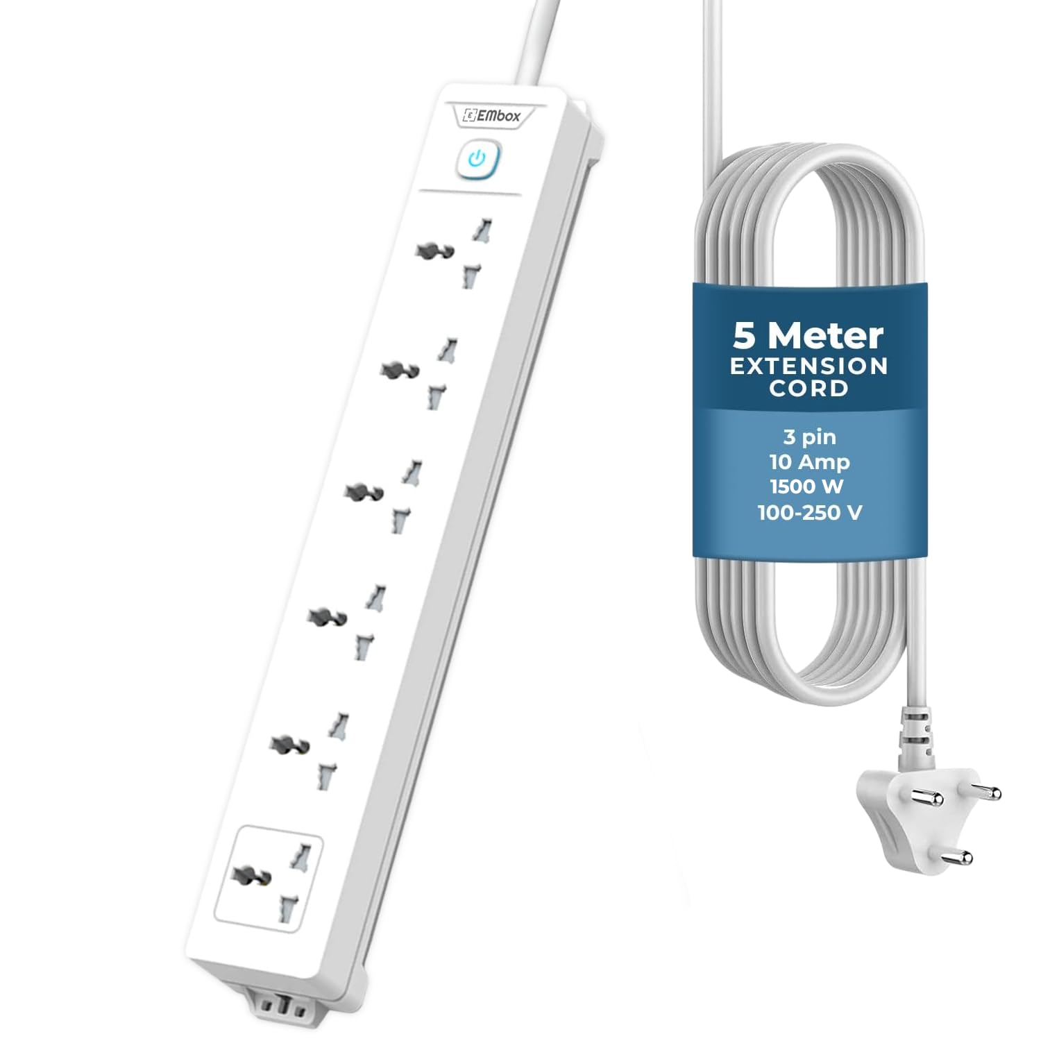 Extension Board 5 Meter Cable | Extension Board with Switches 10A 4 Universal Sockets | 2500W Extension Cord with Safety Shutter LED Indicator Spike Guard