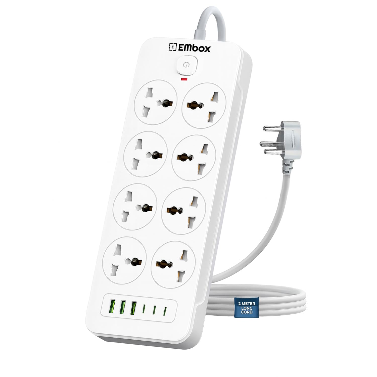 Extension Board with USB (2.4 A) 6 USB Ports 4 Type A and 2 Type C with Master Switch, Spike Guard, 6 amp Universal Sockets, LED Indicator and Safety Shutter, 2 Meter Extension Cord