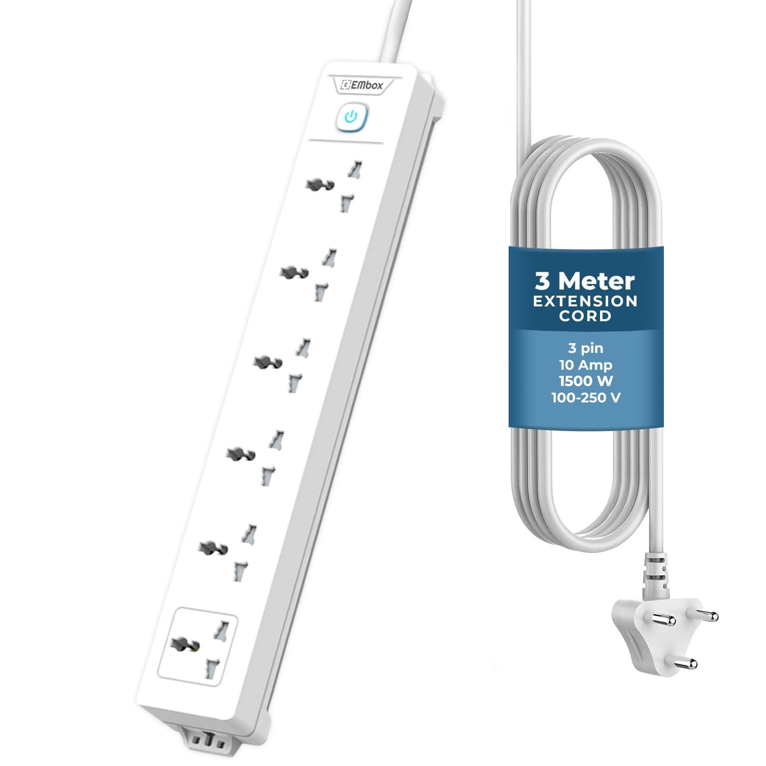 Extension Board 5 Meter Cable | Extension Board with Switches 10A 4 Universal Sockets | 2500W Extension Cord with Safety Shutter LED Indicator Spike Guard