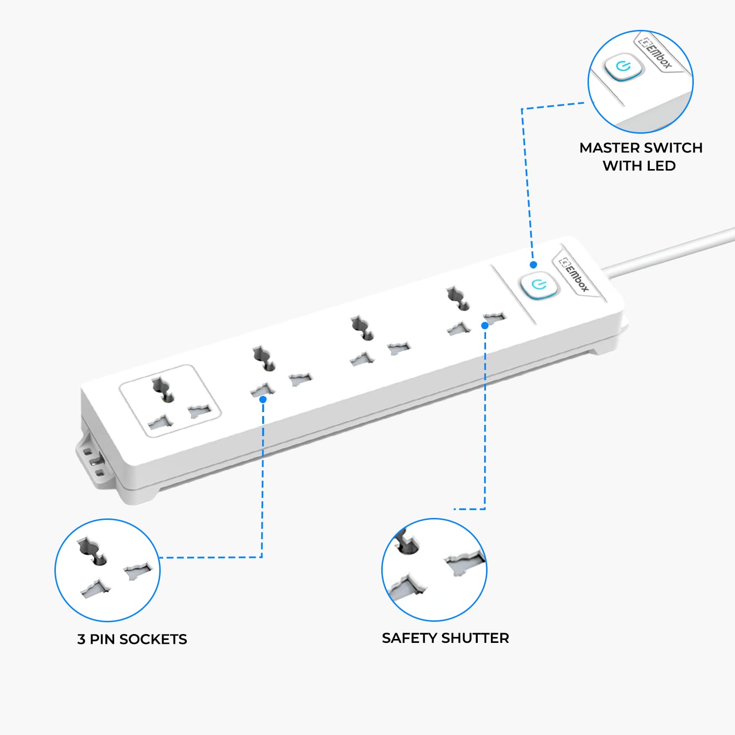 Extension Board with Switches 1500 W, 4 Universal Sockets, Master Switch,6 amp Spike Guard, LED Indicator and Safety Shutter, 2 Meter Extension Cord