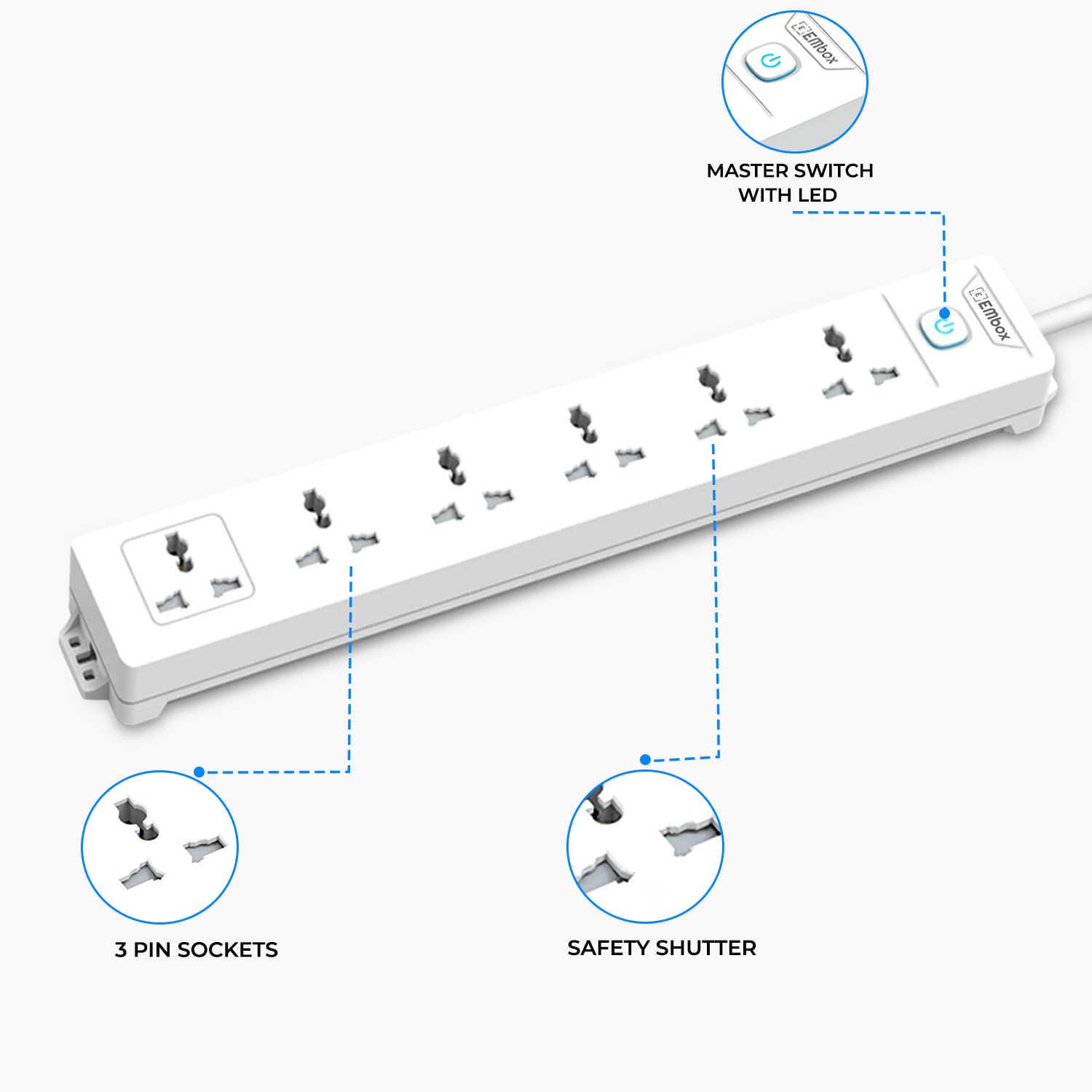 Extension Board 5 Meter Cable | Extension Board with Switches 10A 4 Universal Sockets | 2500W Extension Cord with Safety Shutter LED Indicator Spike Guard