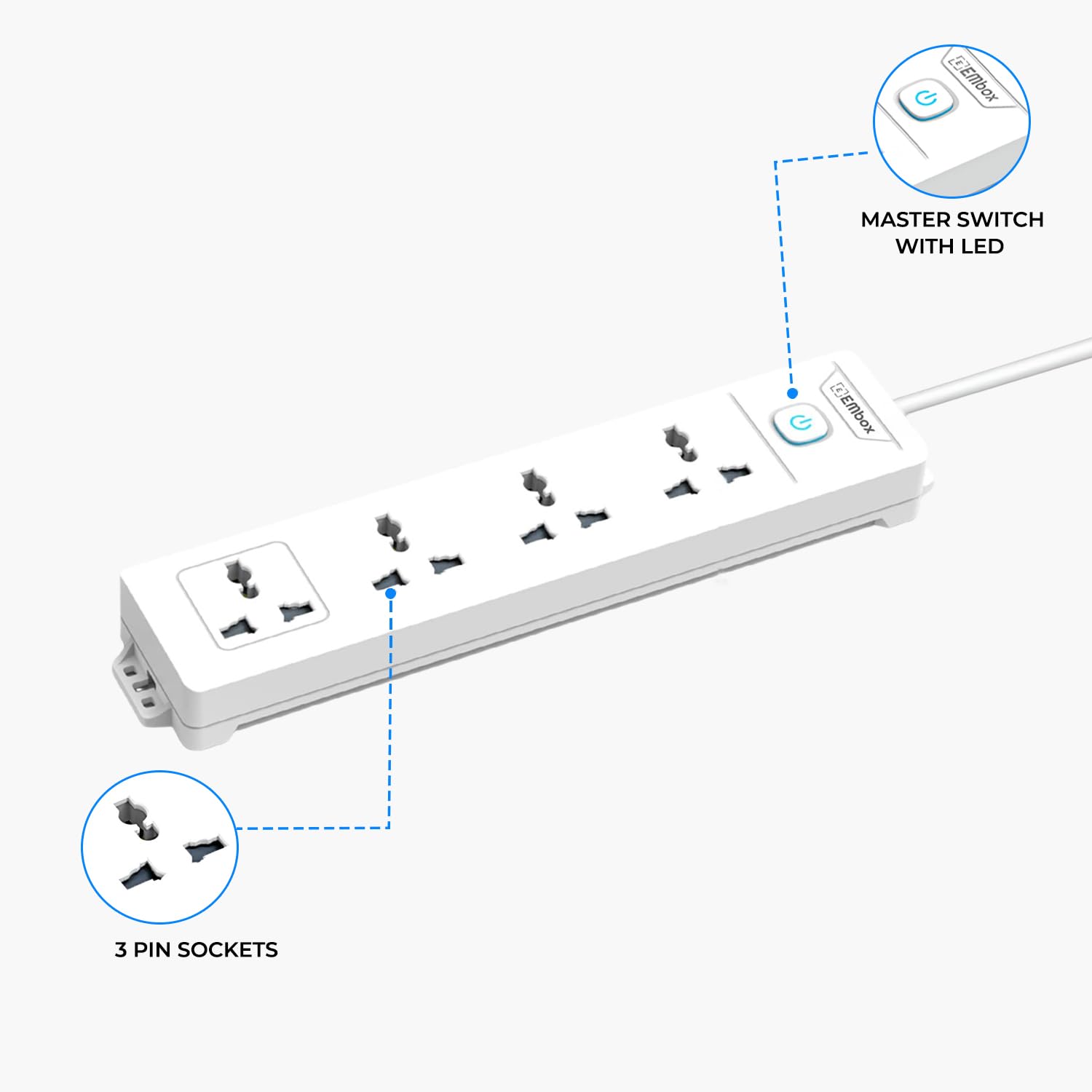 EMBOX Extension Board with Switches 1500 W, 4 Universal Sockets, Master Switch,6 amp Spike Guard, LED Indicator and Safety Shutter