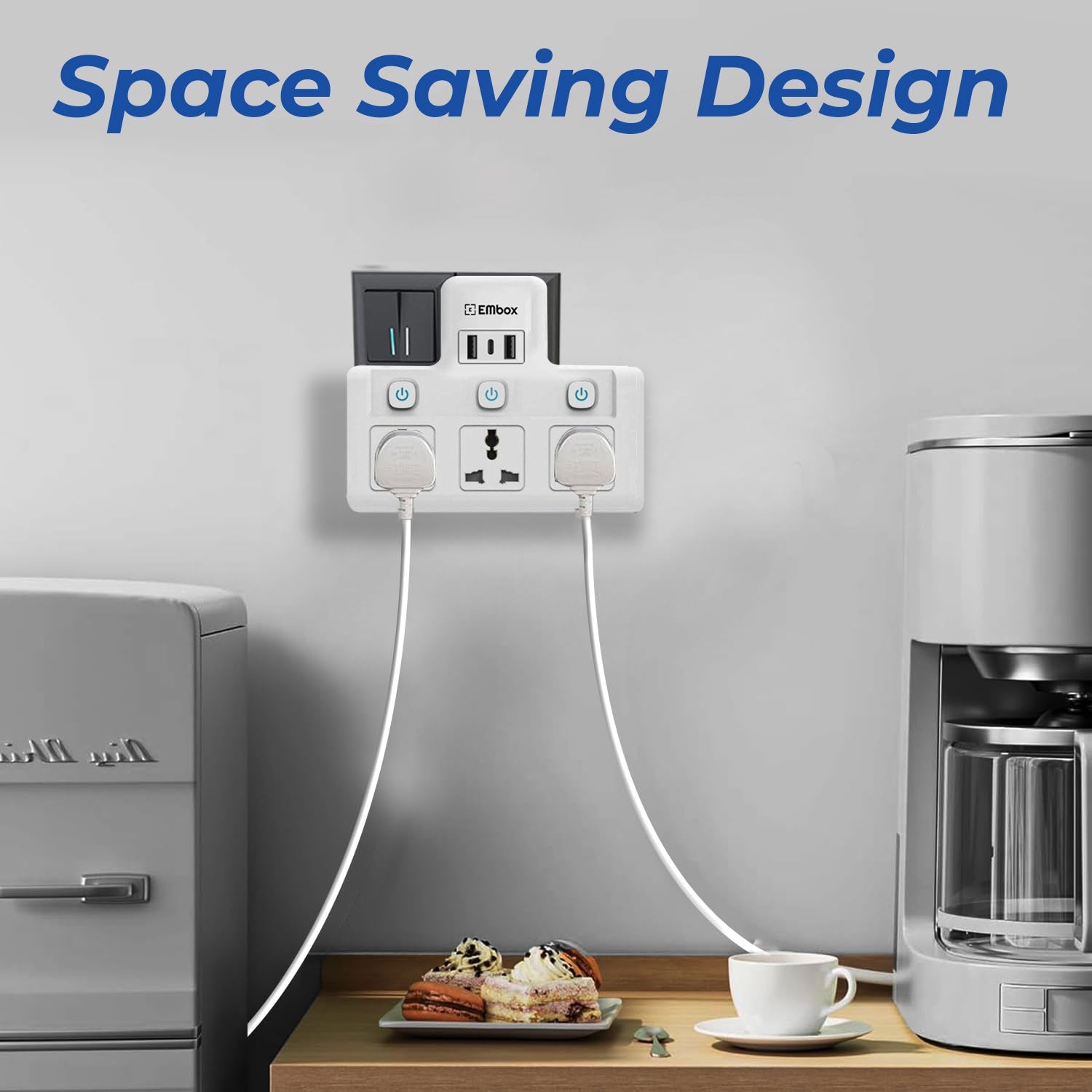 EMBOX 2500W 3-Socket Multi Plug Adapter with USB Type-C Charging and Individual Switches for Home, Office and Everyday Device Charging
