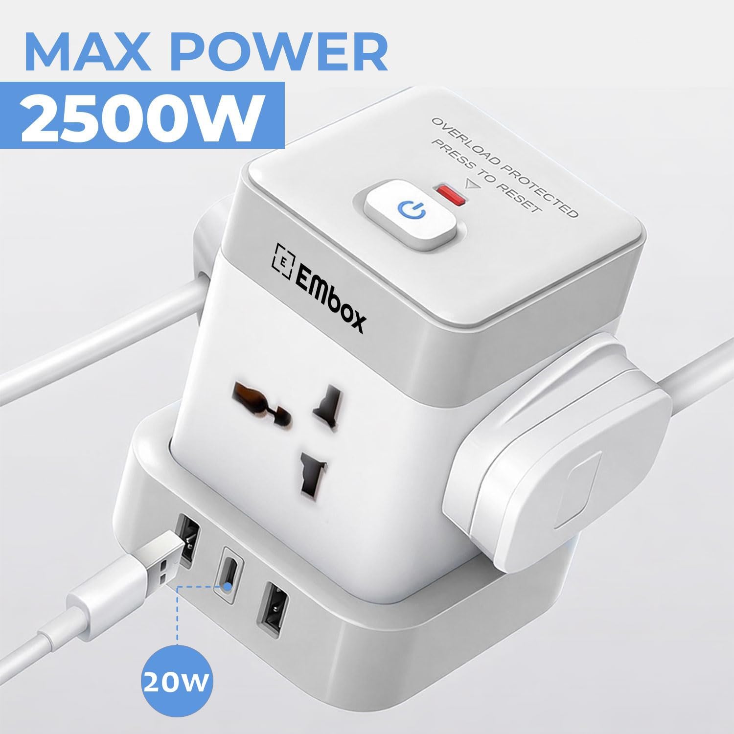 Mini Extension Cube Cube Extension Board with USB Type C | 2500W Extension Board with Swit
