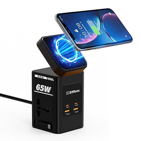 7-in-1 Gan Charger 65W Fast Charger | Type C USB 2 AC Sockets (2500W) Wireless Fast Charging | Multi-Port Desktop Charger for Laptop, iPhone, Android, Portable Charging Station