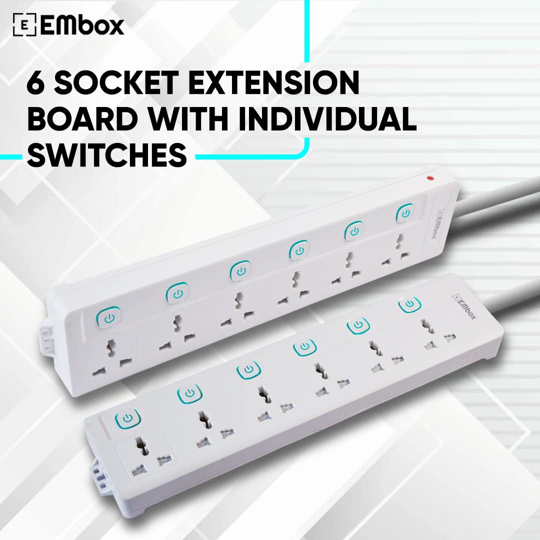 Extension Board with Switches 1500 W, 6 Universal Sockets, Individual Switch, Safety Shutter, 6 amp Spike Guard, LED Indicator and Safety Shutter, 2 Meter Extension Cord