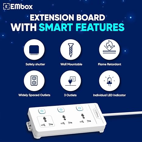 Extension Board with Switches 2500 W, 3 Universal Sockets, Individual Switch, Safety Shutter, 6 amp Spike Guard, LED Indicator and Safety Shutter