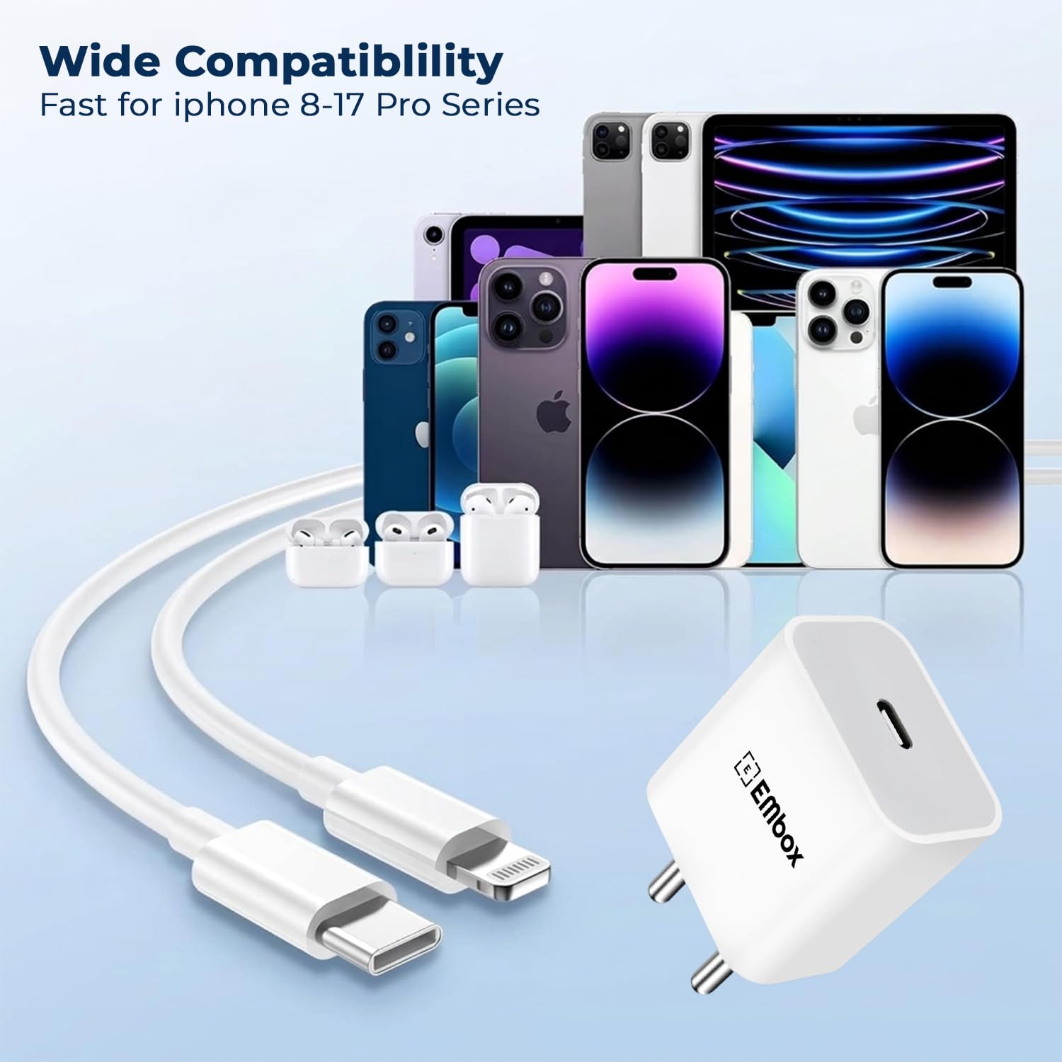 Embox iPhone Charger Adapter 20W Lightning Cable Combo (MFi-Certified) Compatible with iPhone 17 Pro Max/17 Pro/17 Air/17 16 Pro Max/16 Pro/16 Plus/16 & 15/14/13/12/11/X/8 Series