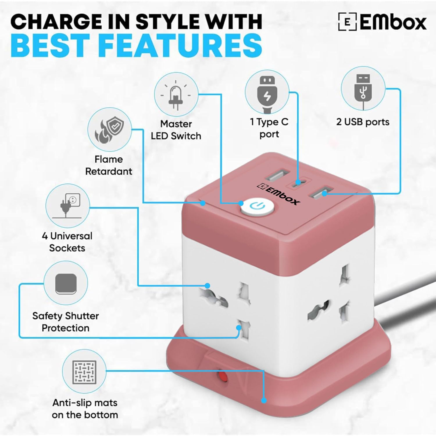 Cube Extension Board Type C USB | (2.4 A) (QC 3.0) Universal Sockets 2500W Extension Board with Switches Safety Shutter & Overload Protector