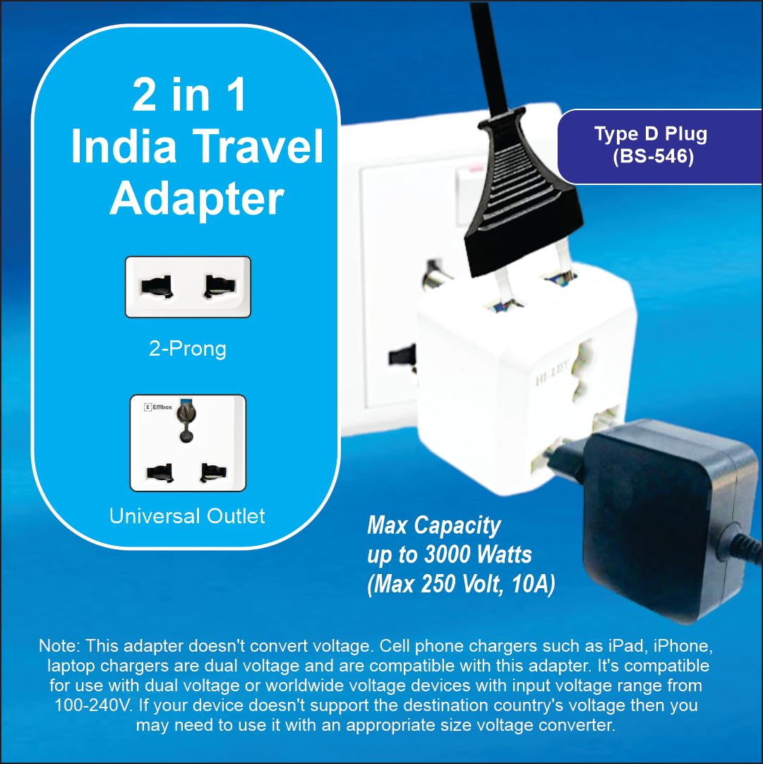 Embox 2 Pin Multi Plug Socket Type D Universal Adapter Compatible with US, UK, China Compact Plug Extension Socket and Converter for Computer Laptop Phone Camera, 6A Pack of 4